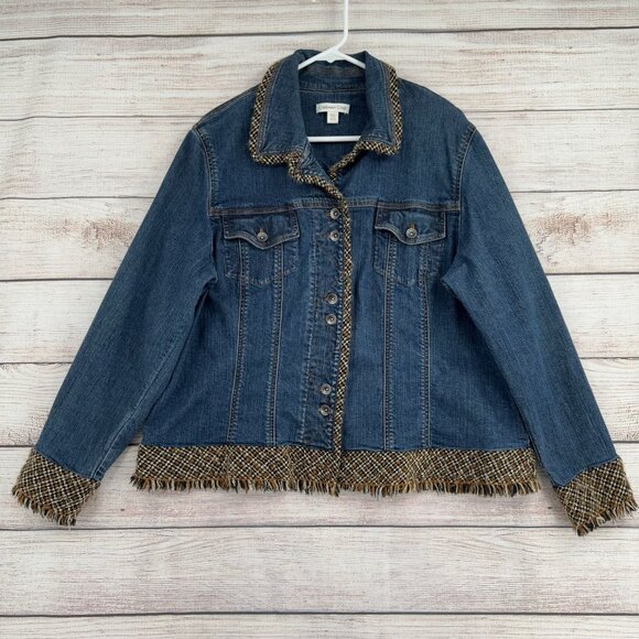 Coldwater Creek Jackets & Blazers - Coldwater Creek Tweed Trimmed Rough Hem Denim Jacket Womens W20 Blue Medium Wash